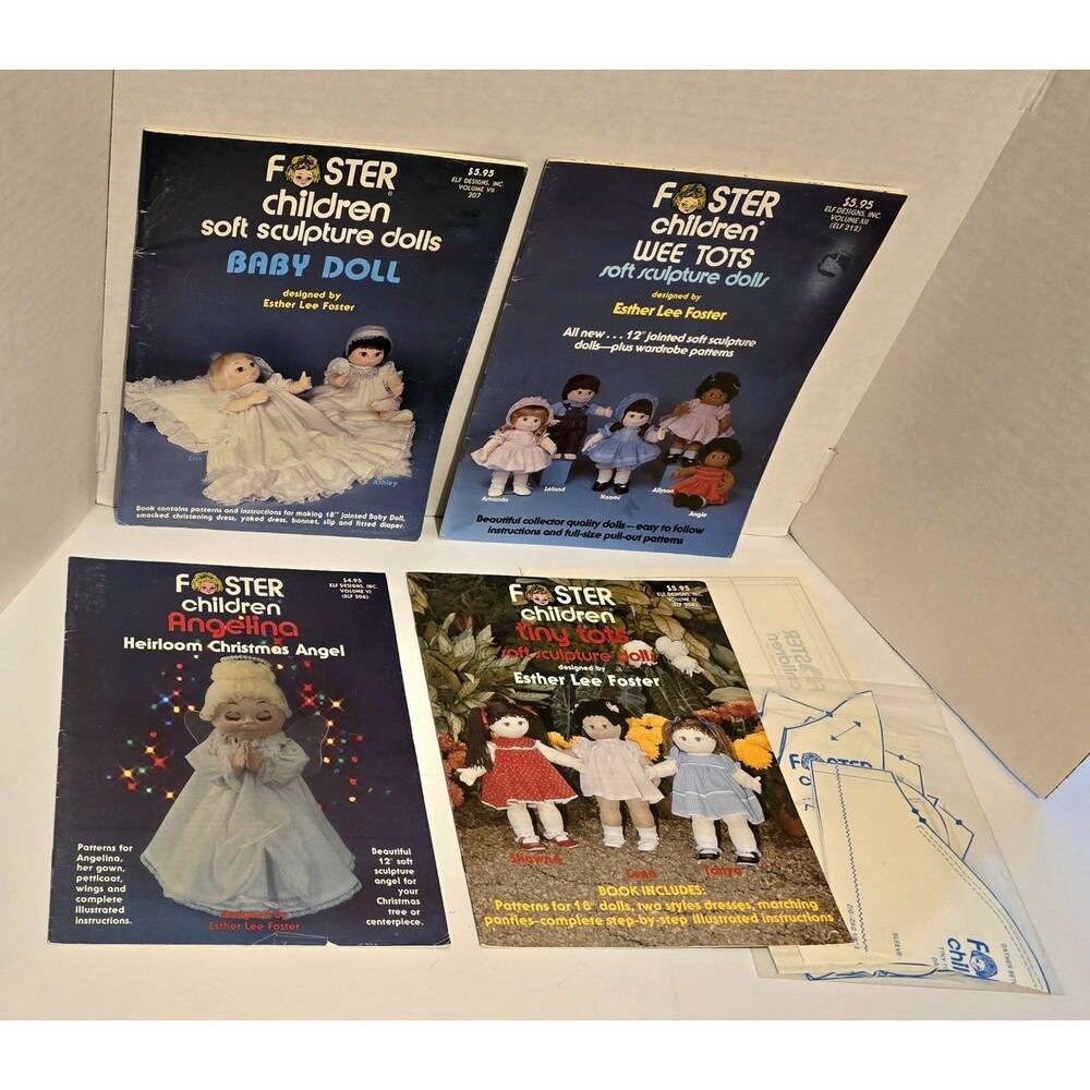 4 Foster Children 1980's Jointed Soft Sculpture Dolls Patterns 12" 18" Combo Tot